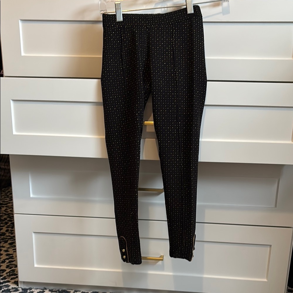 Black Textured Leggings with Button Detail